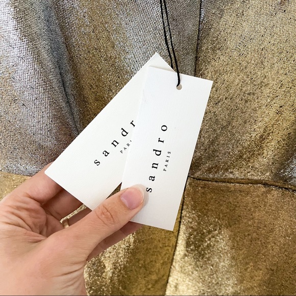 NWT SANDRO Palacio Off-the-shoulder Mini Dress 1 Gold - Picture 6 of 8